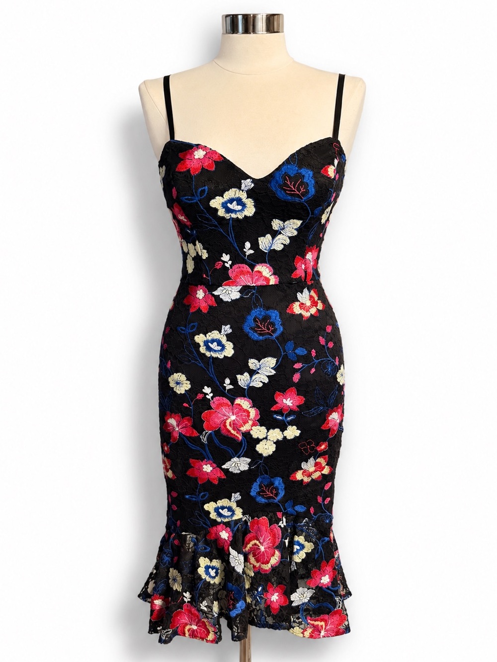 Guess Black Floral Embroidered Lace Mermaid Midi Dress Size 2